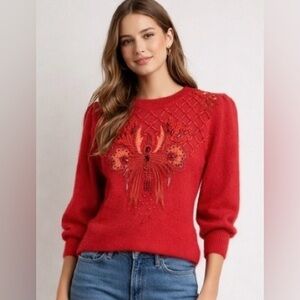 Vintage 80s Red Angora Sweater Jeweled Bow Snakeskin Trim Puff Sleeve Small